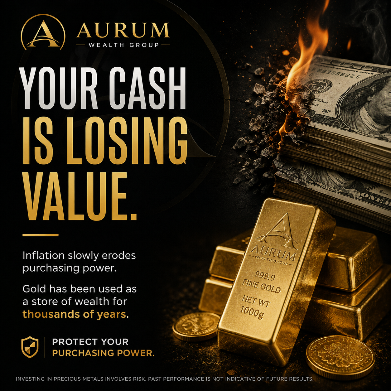 Editorial graphic illustrating the effect of inflation on the purchasing power of cash
