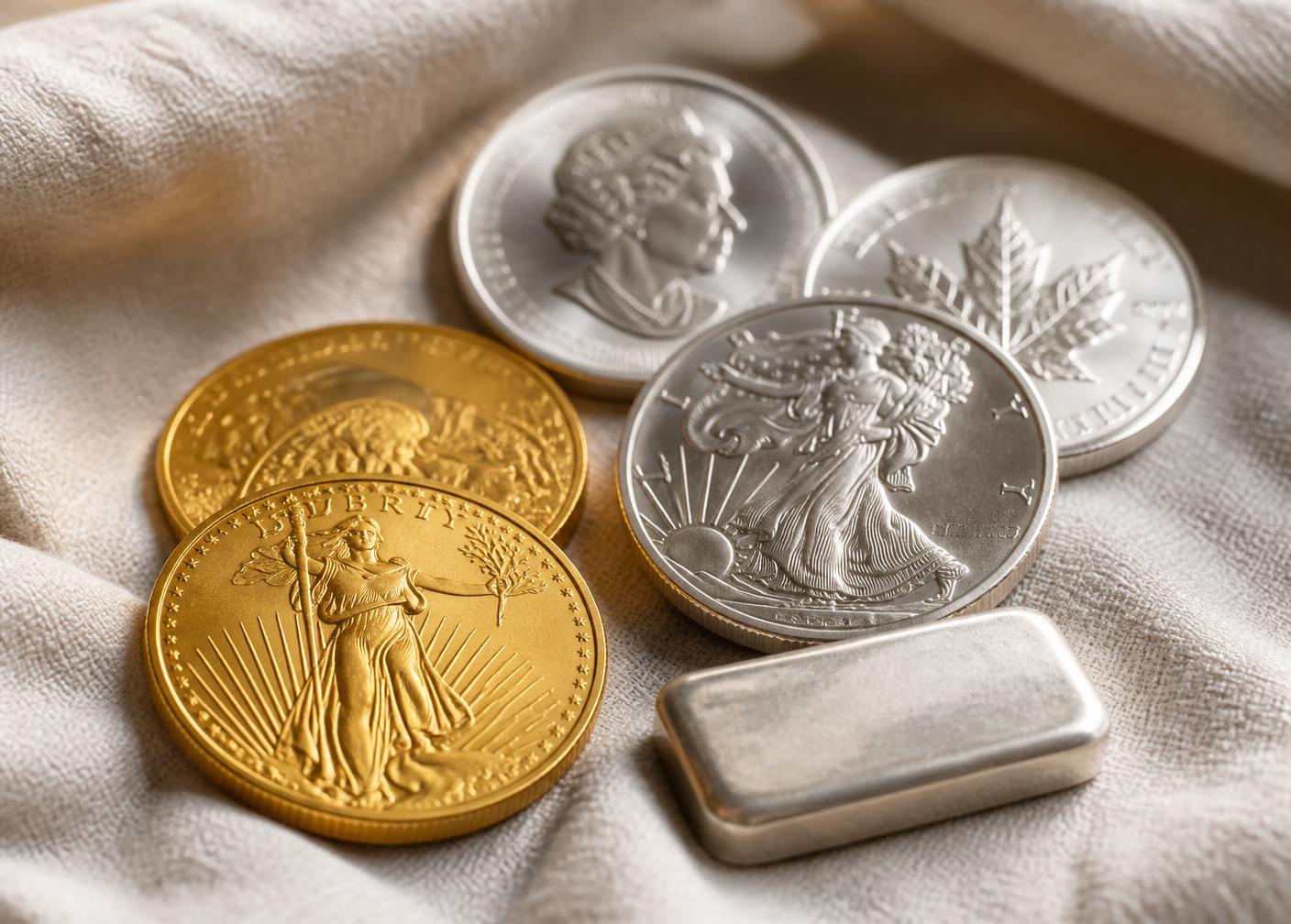 Gold and silver bullion coins and a small silver bar on linen